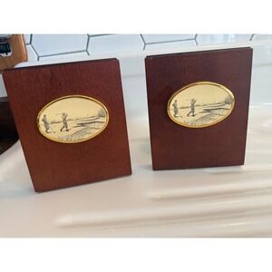 Vintage Barlow Wood Golf Scrimshaw Bookends Mahogany Finish Brass Base Set of 2